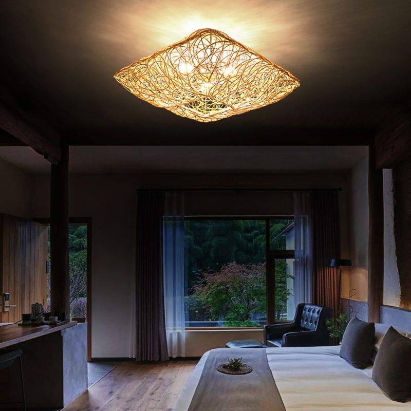 Quadratform Deckenlampe Asiatischer Bambus 3 Lichter Flush Mount für Esszimmer