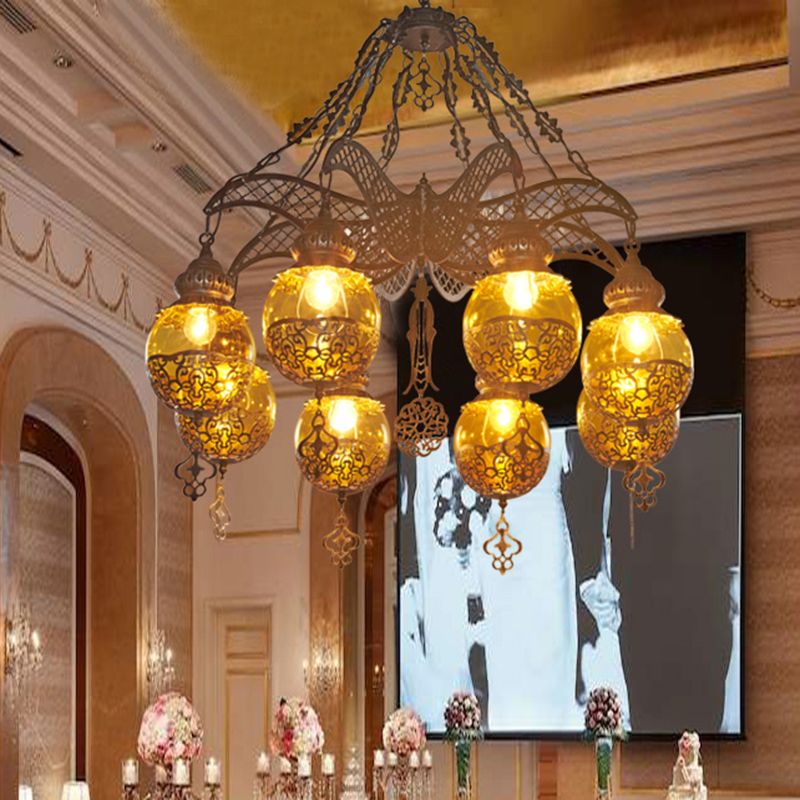 Yellow Glass Spherical Hanging Chandelier Moroccan 3/6/8 Lights Restaurant Suspension Lighting