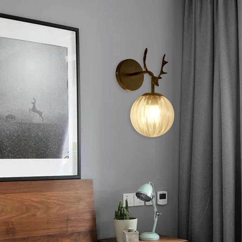 Metal Antlers Design Bedside Wall Lamp Simplicity Nordic Style Orb Glass Sconce Lights for Living Room Hallway