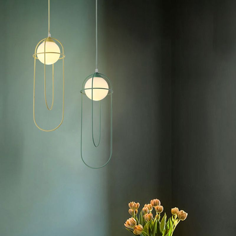 Glass Ball Pendant Light Macaron Style 1-Light Hanging Light with Cage