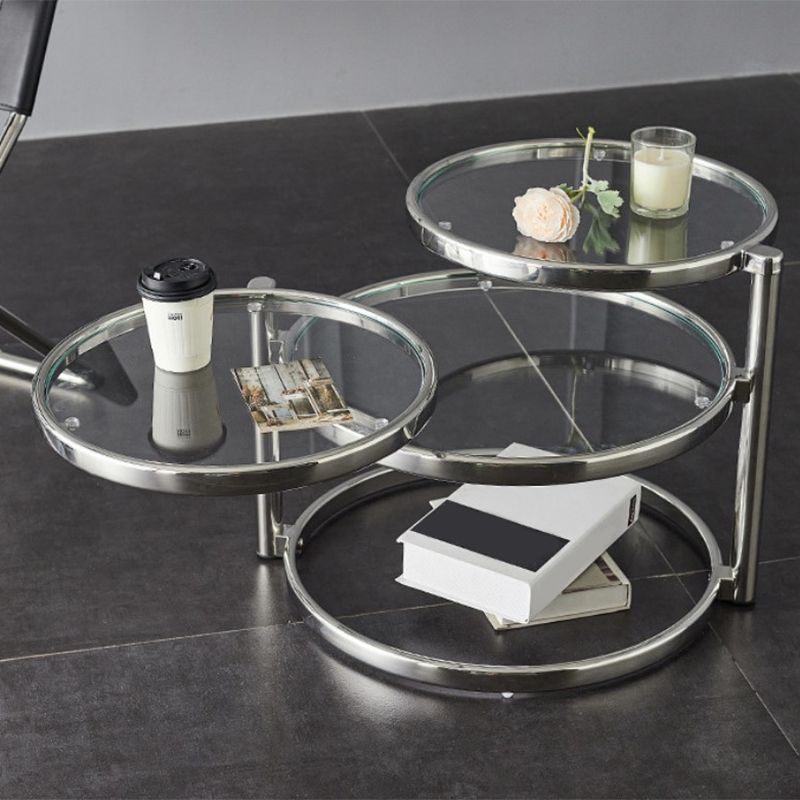 Extendable Coffee Table with Glass Round Top and Stainless Steel Base