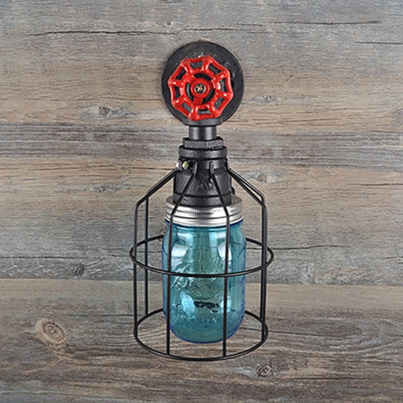Vintage Caged Wall Light with Inner Jar Shade and Red Valve 1 Light Glass Sconce Lighting in Blue/Clear