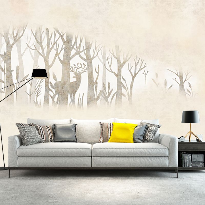 Beige Creative Wall Covering Murals Customized Wild Deer and Foggy Mirror Wall Art for Home Decor