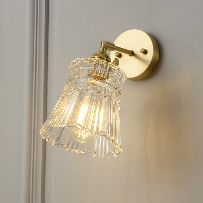Conical Rotating Wall Light Kit Postmodern Clear Ribbed/Grid Glass 1 Light Gold Wall Mounted Lamp