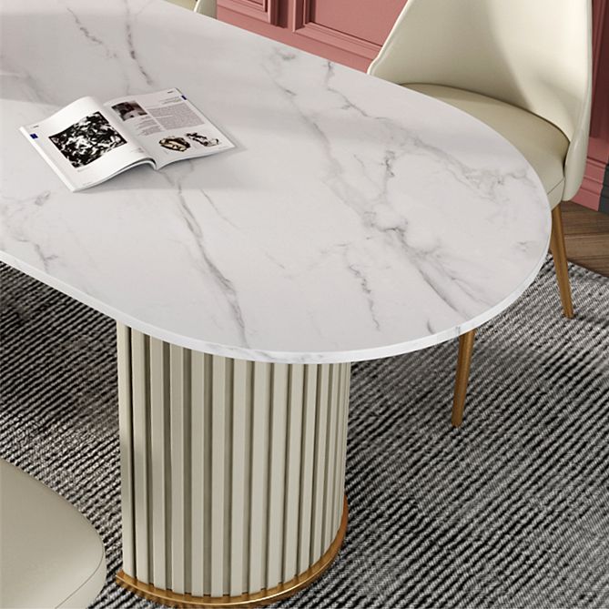 Mesa blanca de piedra sinterizada ovalada, mesa de pedestal doble de lujo para comedor