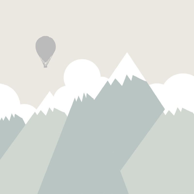 Hot Air Balloon Wall Murals in Grey and Green, Kids Style Mountain Wall Decor for Home
