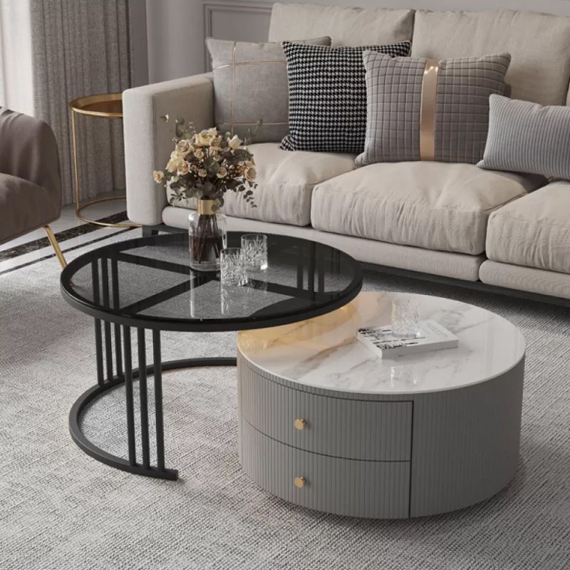 Modern Round End Table Living Room No Distressing Side Table with Drawers