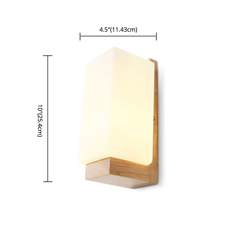 Modern Style Solid Wood Bedside Wall Sconce 1-Lights Rectangle White Frosted Glass Shade Wall Lamp