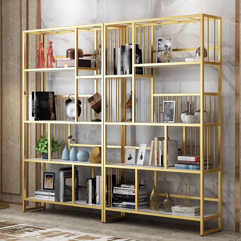 Glam Vertical Open Etagere Bookshelf Iron Frame Manufactured Wood Shelf Bookcase