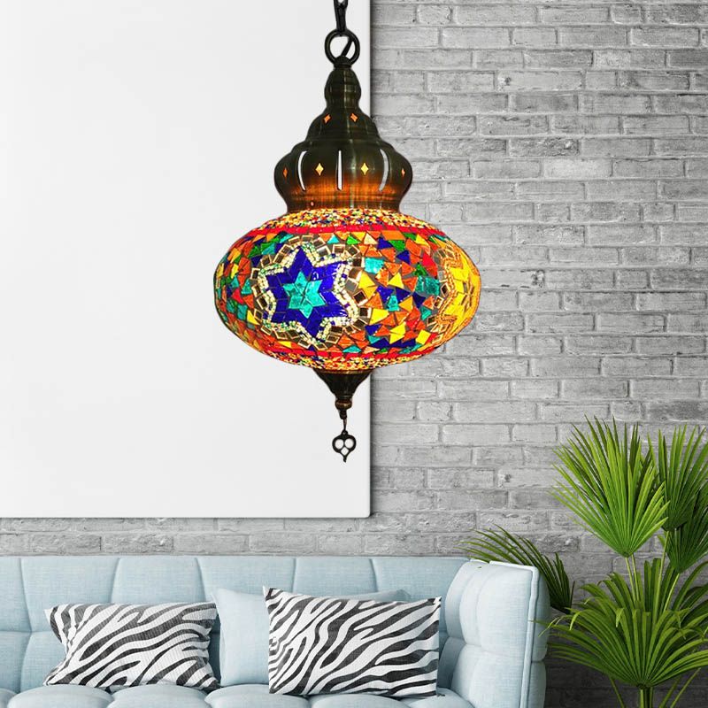 1/4 Bulbs Coffee House Pendant Lamp Retro Ceiling Light Fixture with Spherical Colorful Glass Shade