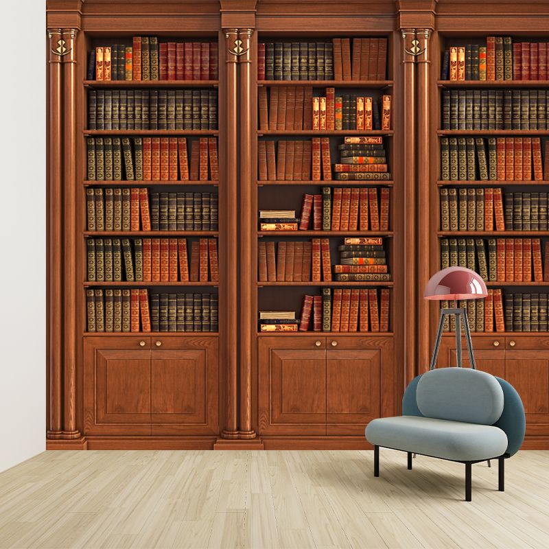 Red Brown Book Cabinet Mural Decal Water-Proof Contemporary Office Wall Art, Size Optional
