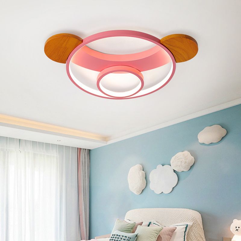 16"/19.5" W Bear Head Shape Flush Lamp Cartoon Metal LED Bedroom Flush Mount in Pink/Blue and Wood, Warm/White Light