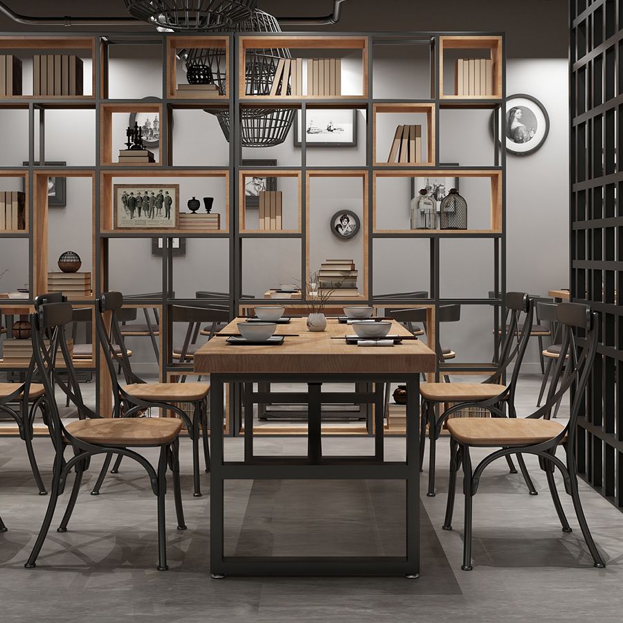 Mesa de comedor rectangular industrial mesa de madera maciza con base de caballete negro para uso doméstico