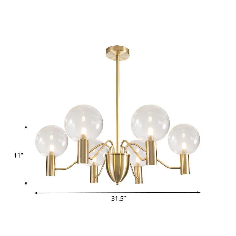 Postmodern 6-Light Hanging Chandelier Gold Finish Spherical Suspension Pendant with Clear Glass Shade