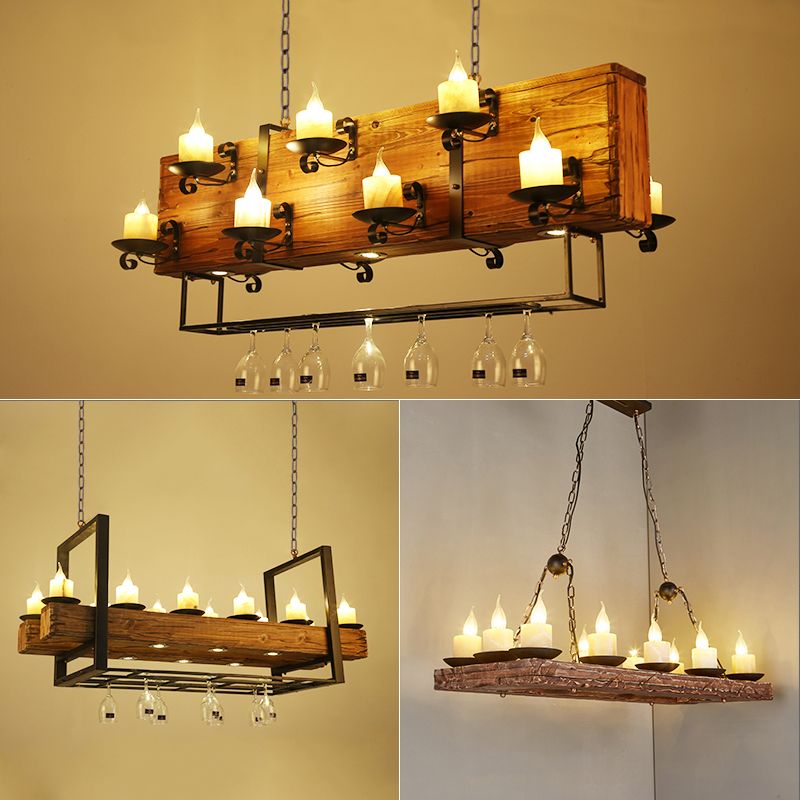 Wood Candelabra Island Pendant Light Factory Dining Room Hanging Lamp Kit in Brown