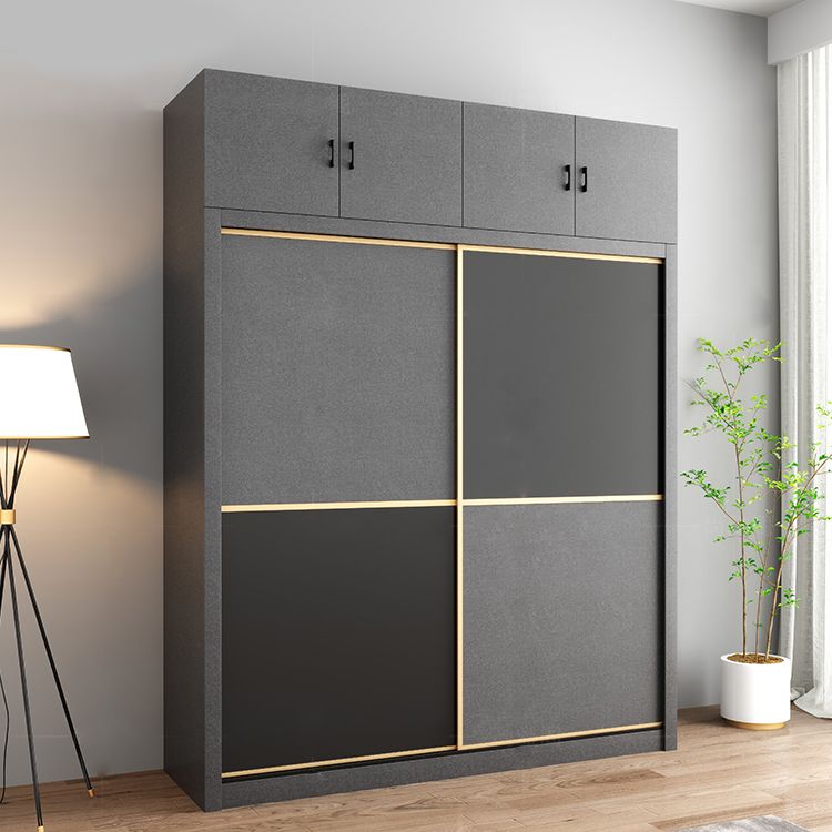 Manufactured Wood Grey Cabinet with Clothes Rail Modern Wardrobe with Sliding Doors