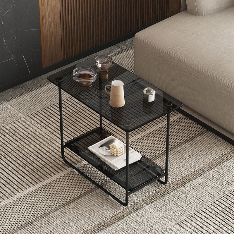 Rectangle Glass Top Side Table 21.65" Tall Metal Sled Base End Table with Shelf