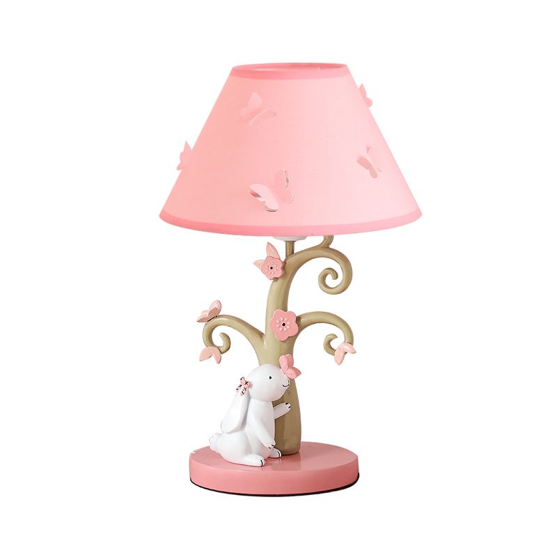 Kids Rabbit and Tree Table Lighting Resin Single Girl's Bedroom Night Light with Wide Cone Fabric Shade in Pink