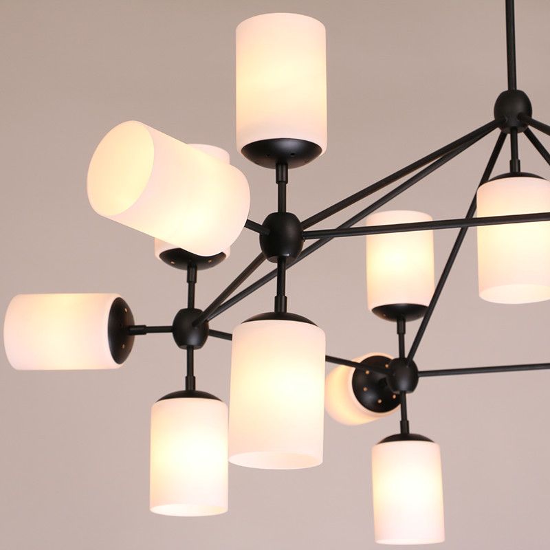 Black Cylinder Shade Pendant Lighting Classic Opal Glass 18 Lights Living Room Chandelier