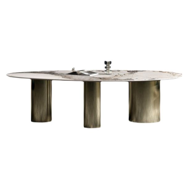 Oval Traditional Luxury Dining Table Sintered Stone Table with 3 Gold Legs