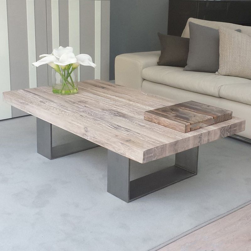 Scandinavian Solid Wood Coffee Table with Distressed Top and Sled Base