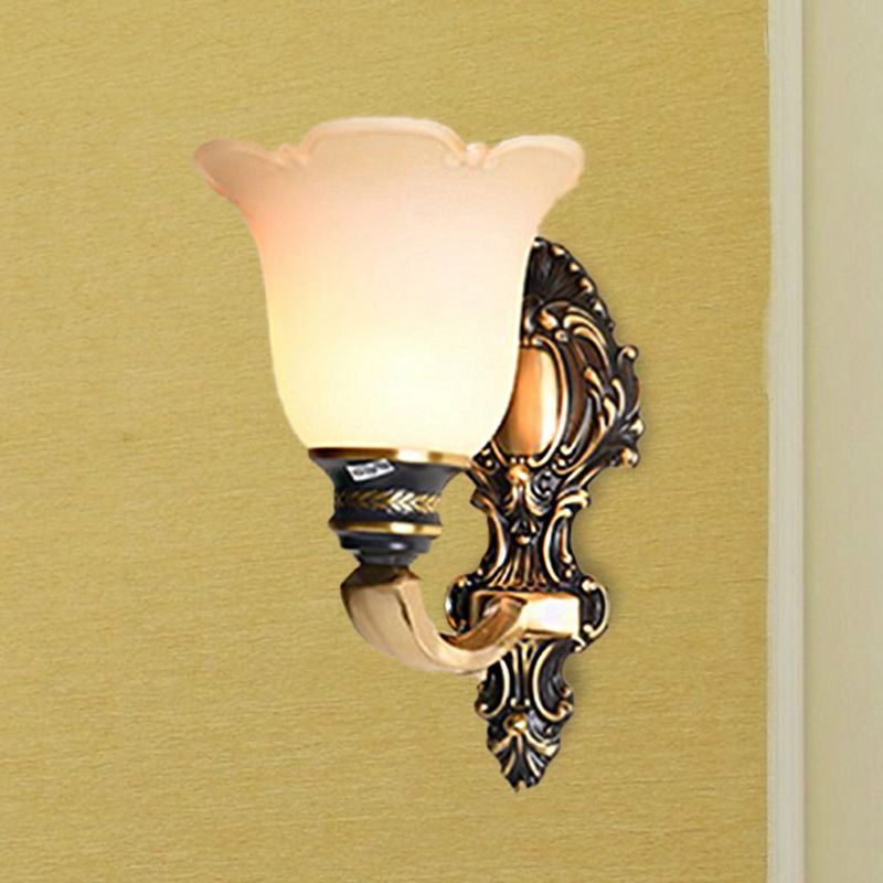 Floral Bedroom Wall Sconce Light Traditional White Glass 1/2-Light Brass Wall Lamp with Metal Curvy Arm