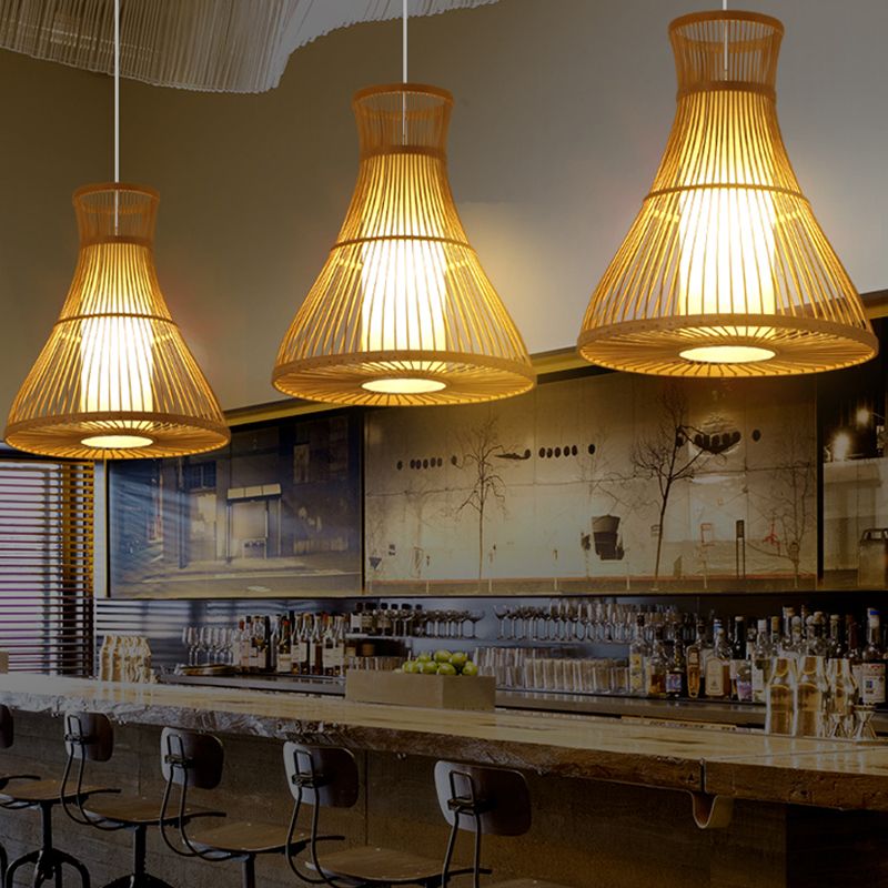 Beige Flared Ceiling Lamp Asian 1 Bulb Bamboo Hanging Light Fixture with Inner Tube Parchment Shade
