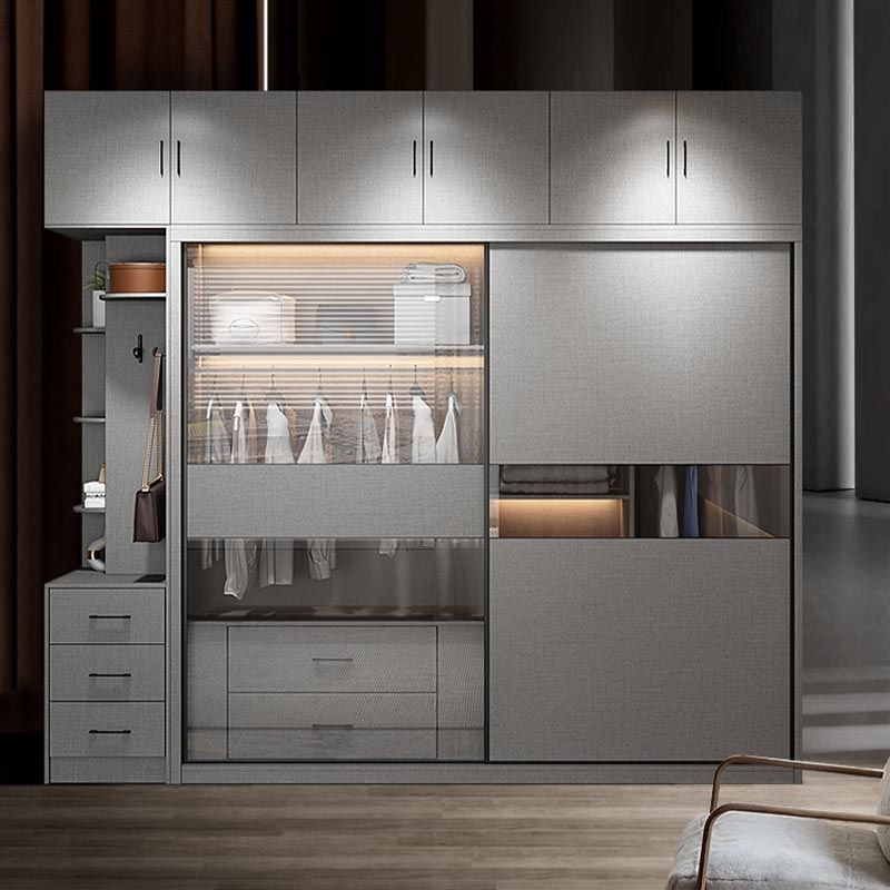 Modern Style Glass Wardrobe Gray Colour Soft Close Drawer Wardrobe Closet