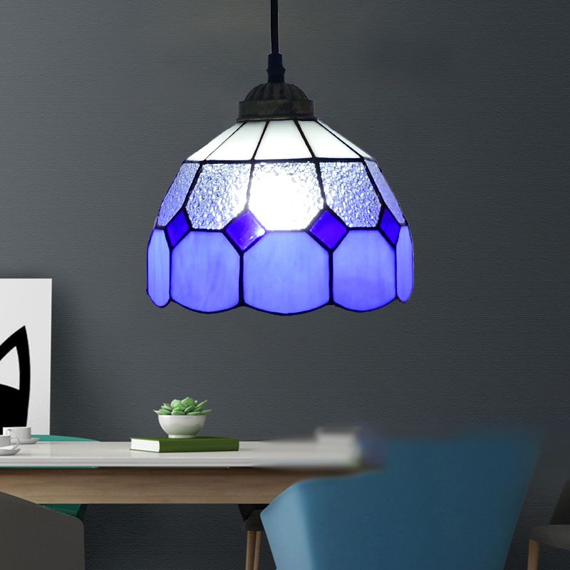 Single-Bulb Ceiling Light Vintage Scalloped Dome Stained Glass Hanging Pendant Light