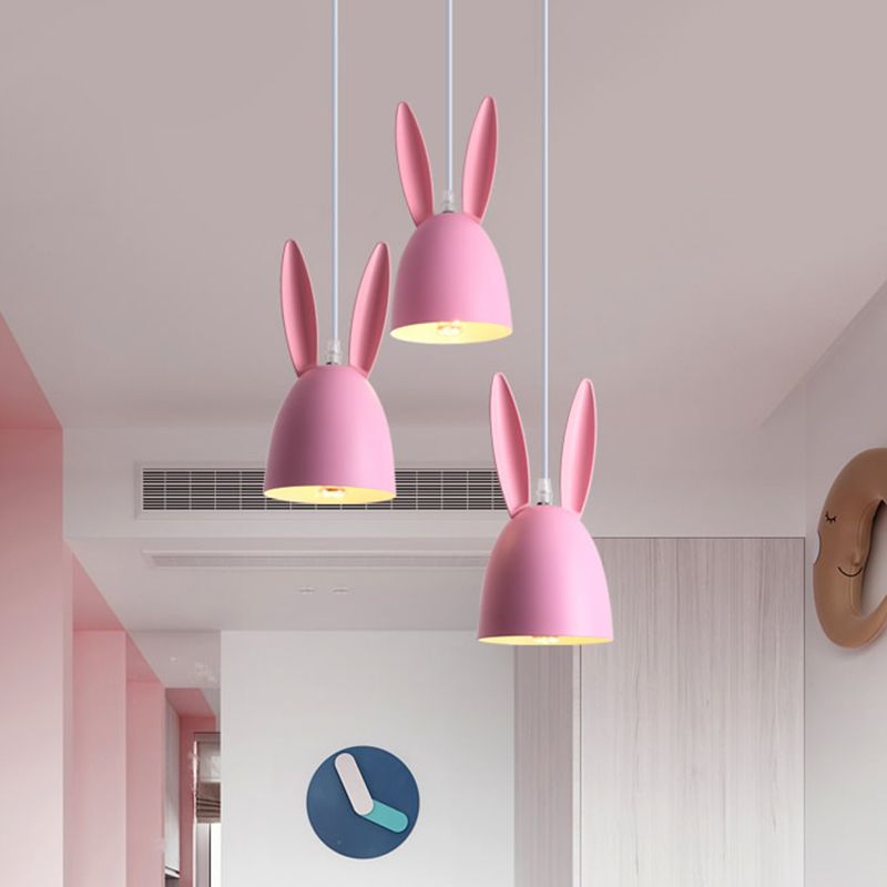 Pink/Blue Rabbit Shade Drop Cluster Pendant Light Cartoon 3 Lights Metal Hanging Lamp