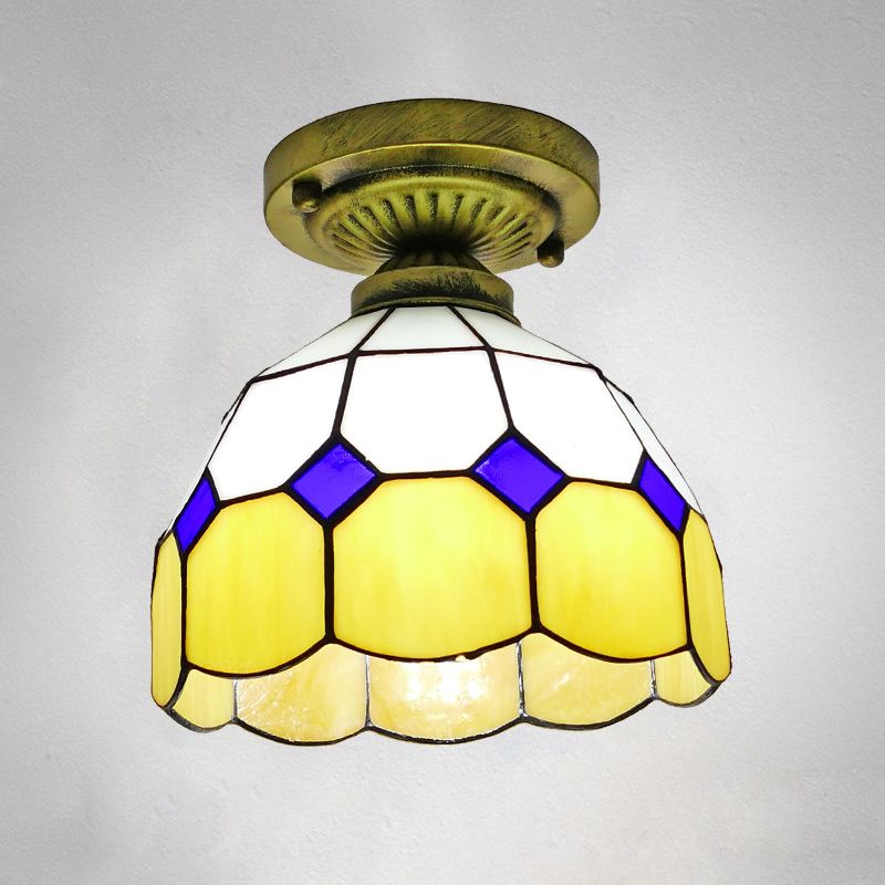 1 Head Flush Mount Light Classic Bell Shade Gridded Glass Semi Flush Ceiling Light