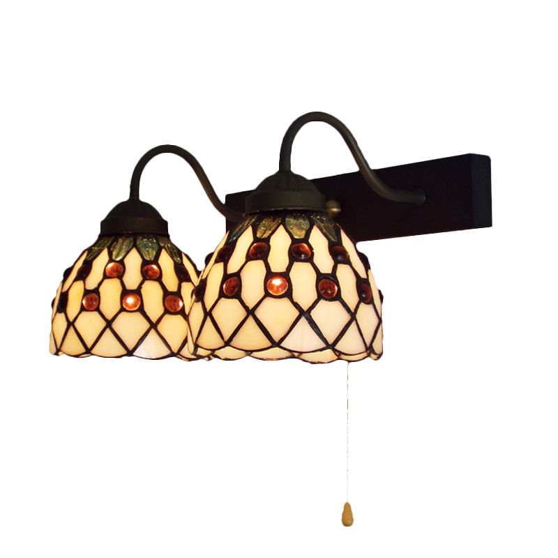 Beige Glass Black Wall Mounted Light Dome 2 Heads Tiffany Sconce Lighting with Pull Chain