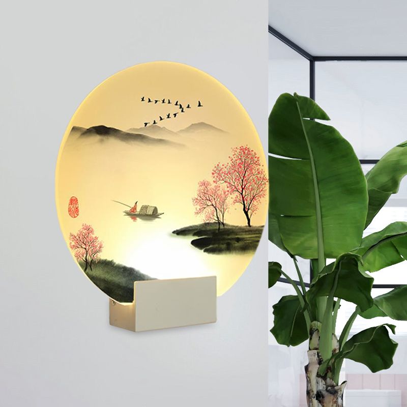 Round Hallway Mountain and Lake Mural Lamp Acrylic LED Chinese Wall Lighting Idea in White