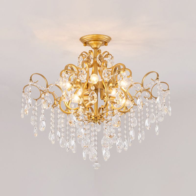 Classic Scrolled Arm Semi Flush Light Metal Ceiling Lighting in Brass with Crystal Draping