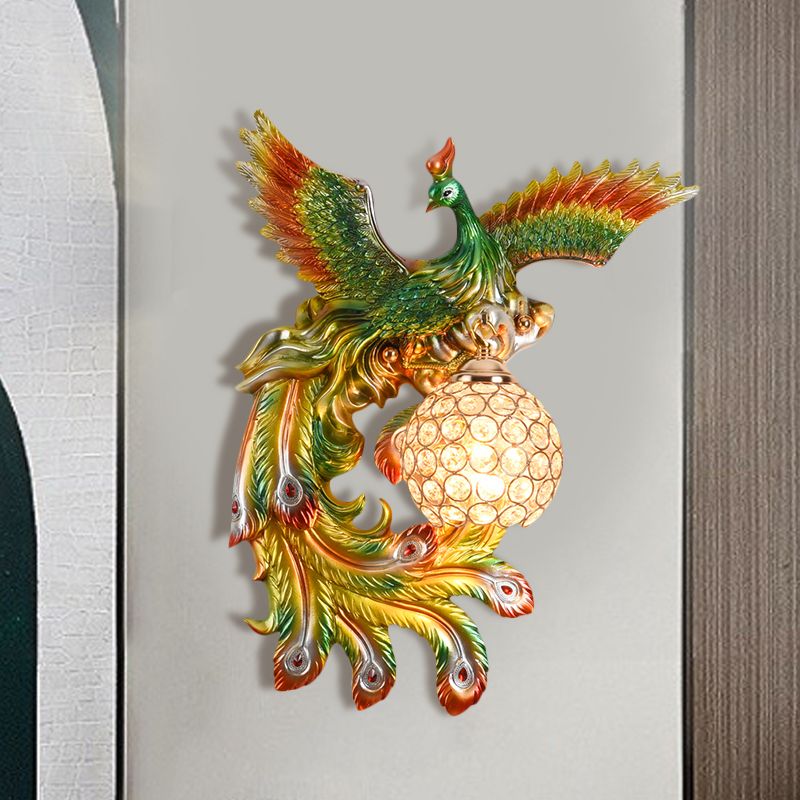 1 Bulb Flying Peacock Wall Mount Light Countryside White/Green/Gold Resin Wall Lighting Idea with Beveled K9 Crystal Shade, Left/Right
