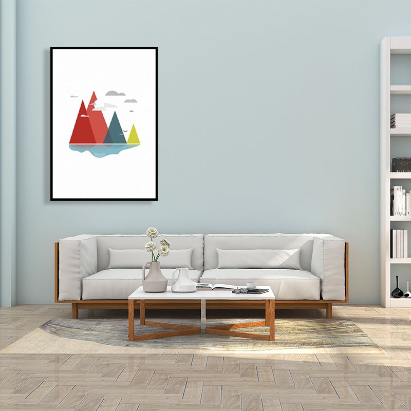 River Mountains Landscape Canvas Kids Textured Living Room Wall Art in Red and White