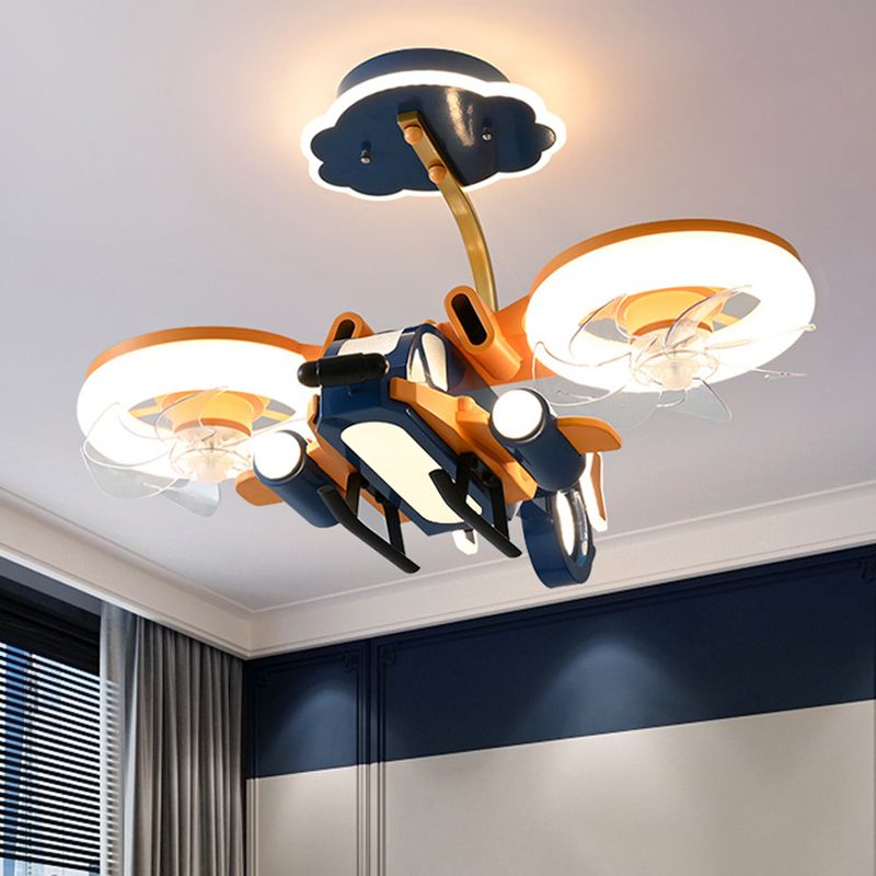 Kids LED Ceiling Fan Lamp Airplane Metal Fan Lighting in Blue and Orange for Bedroom