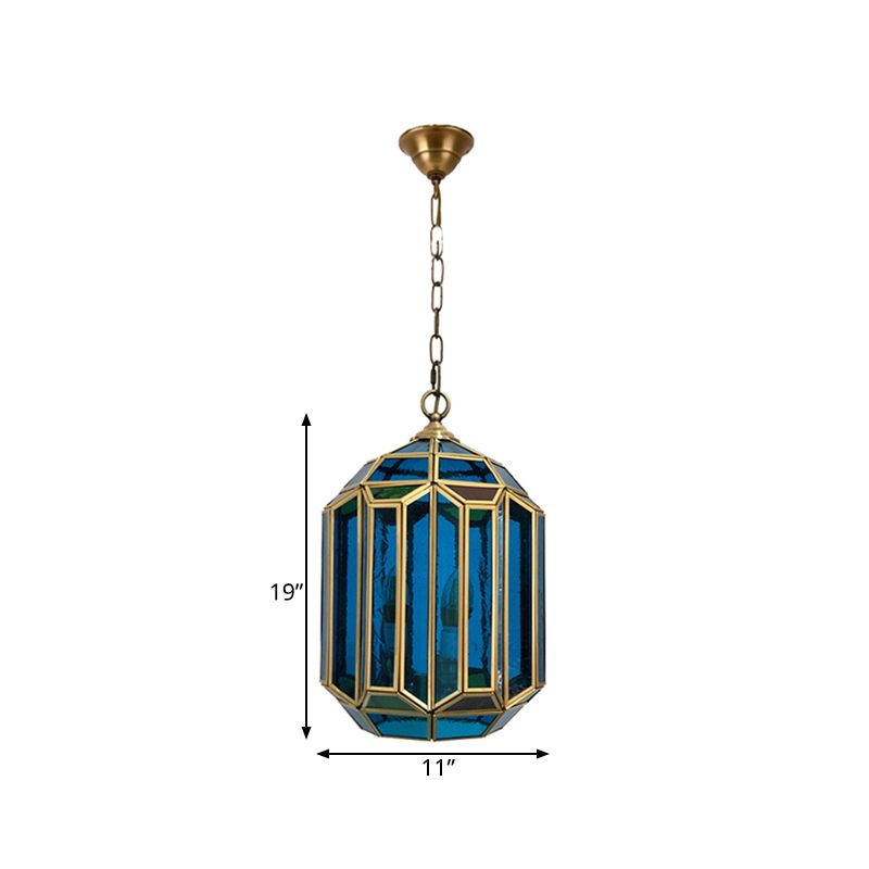 Blue Glass Lantern Ceiling Lamp Vintage 1-Light Bedroom Hanging Pendant Light with Open Bottom