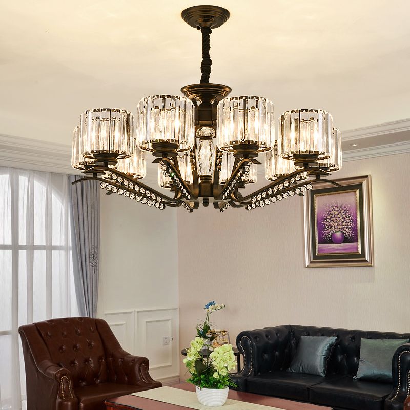 Minimalist Cylindrical Chandelier Tri-Sided Crystal Rod Hanging Light Fixture in Black