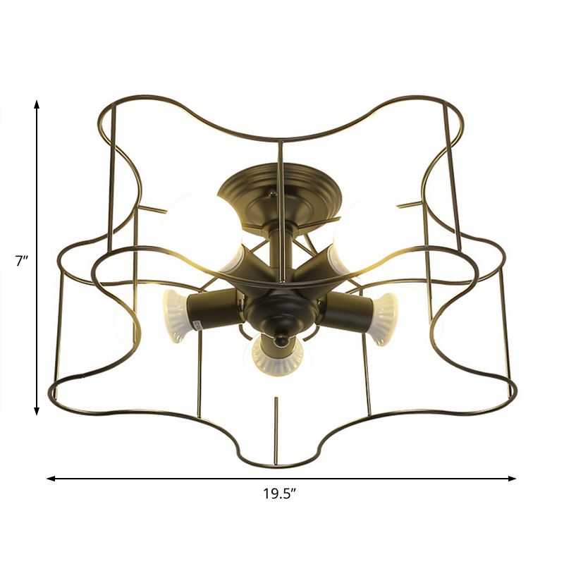 Métal en forme d'étoile Semi Flush Industrial Bulb Living Room Lightture en noir / blanc avec cage