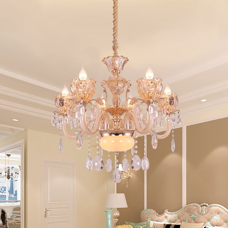 Gold Candle Chandelier Lamp Modern Amber Glass 6/8 Bulbs Living Room Pendant with Crystal Drop