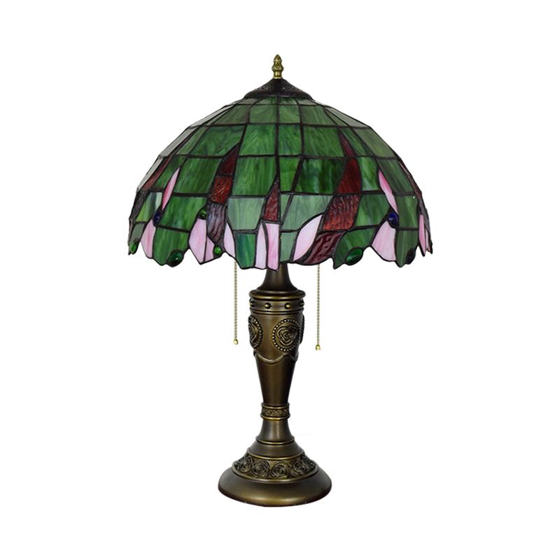 Bronze 2 têtes lampe de table Tiffany Green Verre feuille à motifs de navette de nuit avec chaîne de traction