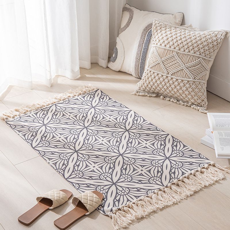 Calming Tribal Print Rug Cotton Fringe Carpet Pet Friendly Indoor Rug for Living Room