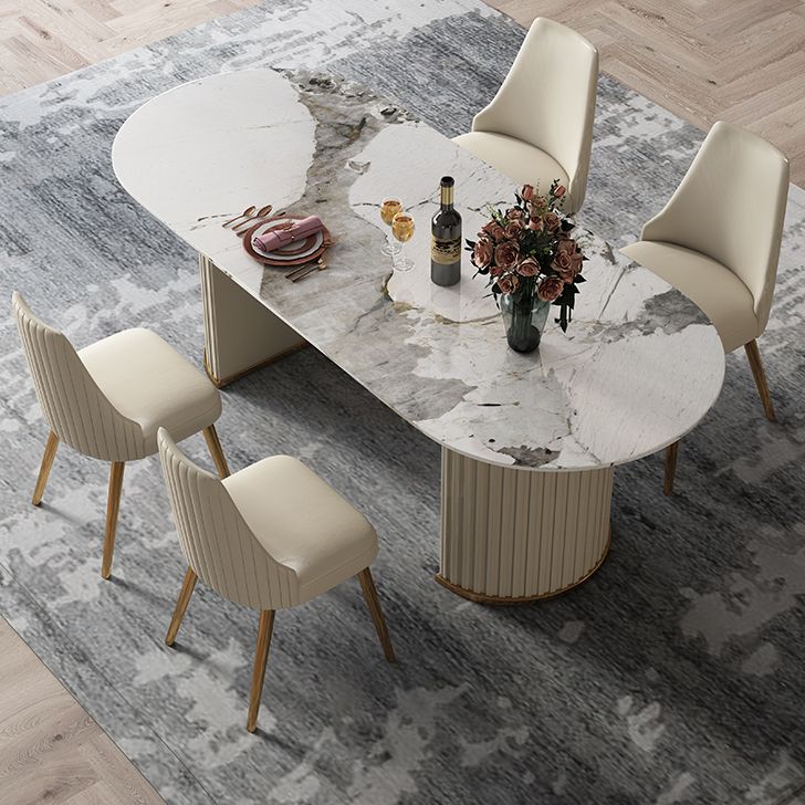 Mesa de comedor de piedra sinterizada glamorosa de sinterización de mesa de comedor estándar con bases de pedestal doble