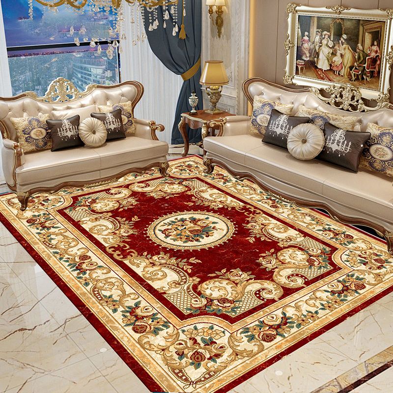Beige Medallion Pattern Area Carpet European Polyester Area Rug Non-Slip Backing Rug for Home Decor