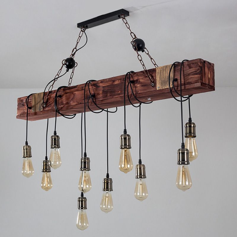 Linear Island Lighting Wood Retro Industrial Style Pendant Lighting Fixtures for Restaurant