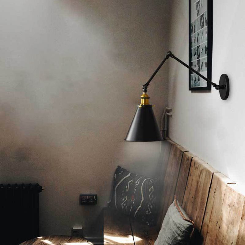 10"+10" 2-Sections Swing Arm Wall Mount Light Single Bulb Retro Industrial Style Coffee Shop Sconce Lights in Matte Black