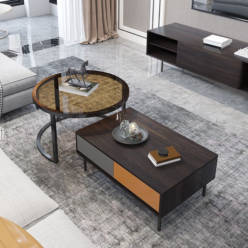 Modern 4 Legs Cocktail Table with 4 Drawers Glass & Wood 2 Nesting Coffee Table Set