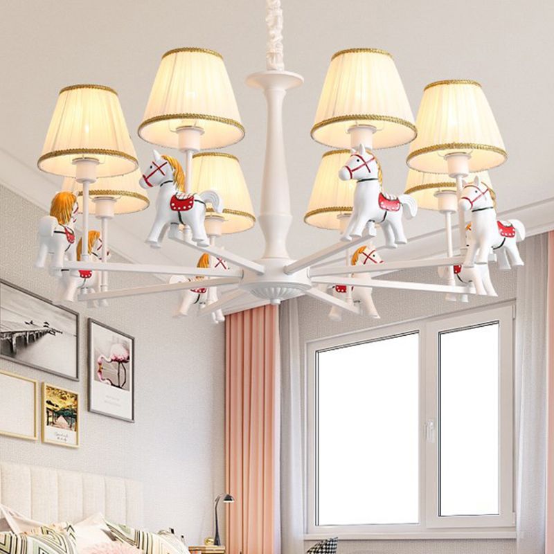 Carousel Child Room Pendant Light Resin Cartoon Chandelier with Tapered Fabric Shade in White