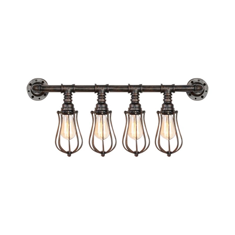 Nautical Bulb Shaped Wall Mount Light with Wire Cage and Pipe 4 Lights Metal Sconce Lighting in Bronze